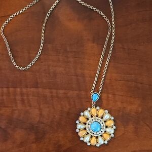 Olivia Welles Gold Tone Necklace with Blue and Orange Pendant